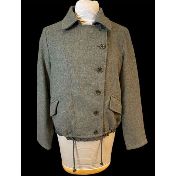 GAP Women’s Wool Jacket Sz. L Military Inspo Ruffled Bottom Olive - Picture 2 of 8